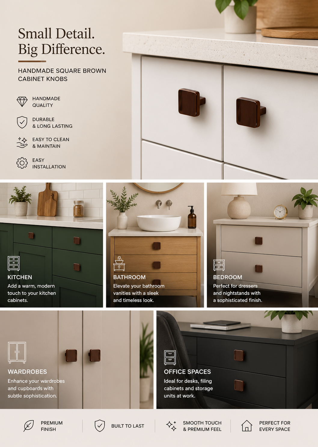 Square Shape Brown Cabinet Knobs Zinc Alloy Drawer Knobs 0.50
