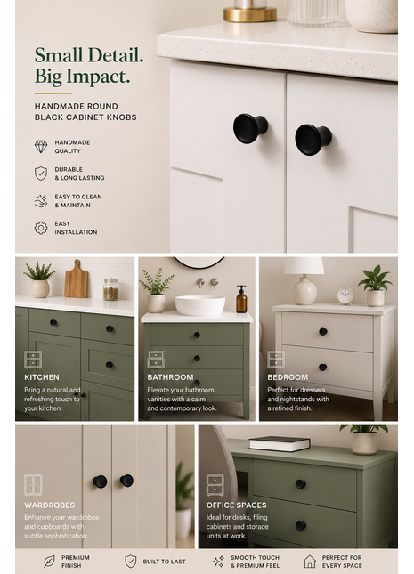 Round Shape Black Cabinet Knobs Zinc Alloy Drawer Knobs