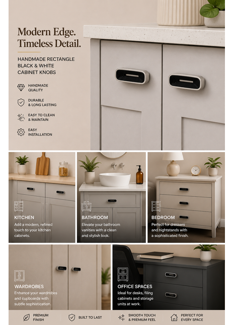 Rectangle Shape Black & White Cabinet Knobs Zinc Alloy Drawer Knobs