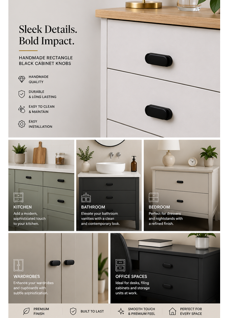 Rectangl Shape Black Cabinet Knobs Zinc Alloy Drawer Knobs