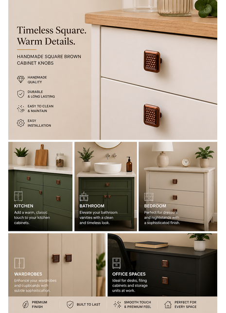 Square Shape Brown Cabinet Knobs Zinc Alloy Drawer Knobs