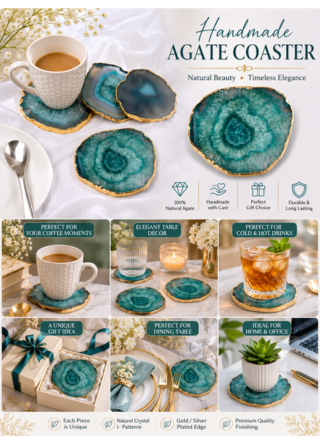 Gold Plated Agate Coaster, Choose Color, Silver Plated Agate Coaster Set of 4 Pieces, Tableware, Rock Coaster, Agate Slice, Glass Coasters