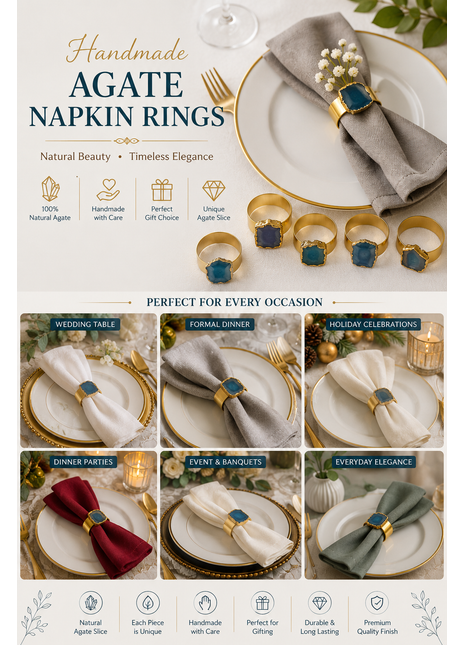 Agate Napkin Rings, Gold Agate Slice Napkin Ring, Wedding Decor, Formal Dining, Natural Warm Agate Tones, Dinner Party Decor, Set of 6 Piece