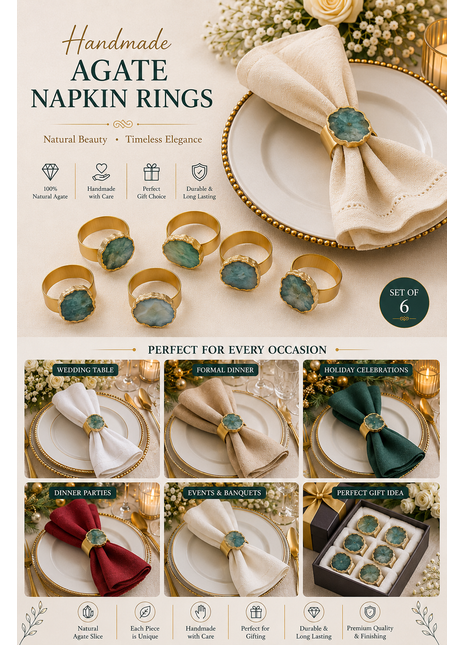 Agate Napkin Rings, Gold Agate Slice Napkin Ring, Wedding Decor, Formal Dining, Natural Warm Agate Tones, Dinner Party Decor, Set of 6 Piece