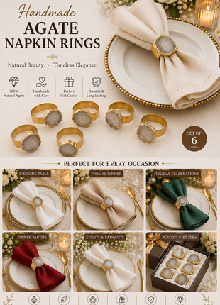 Agate Napkin Rings, Gold Agate Slice Napkin Ring, Wedding Decor, Formal Dining, Natural Warm Agate Tones, Dinner Party Decor, Set of 6 Piece