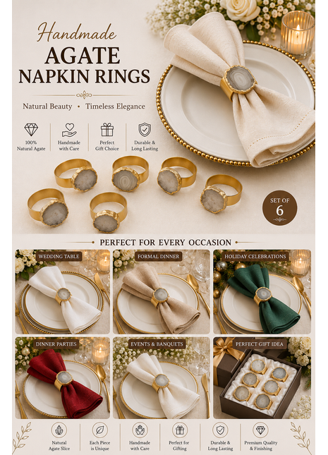 Agate Napkin Rings, Gold Agate Slice Napkin Ring, Wedding Decor, Formal Dining, Natural Warm Agate Tones, Dinner Party Decor, Set of 6 Piece