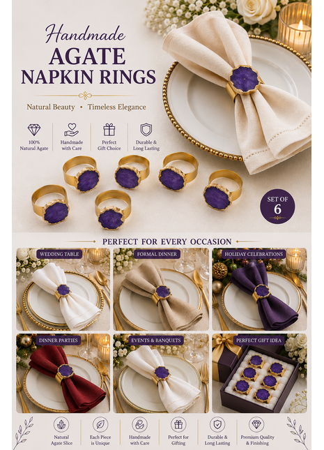 Agate Napkin Rings, Gold Agate Slice Napkin Ring, Wedding Decor, Formal Dining, Natural Warm Agate Tones, Dinner Party Decor, Set of 6 Piece
