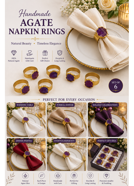 Agate Napkin Rings, Gold Agate Slice Napkin Ring, Wedding Decor, Formal Dining, Natural Warm Agate Tones, Dinner Party Decor, Set of 6 Piece