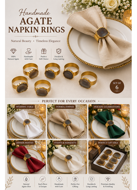 Agate Napkin Rings, Gold Agate Slice Napkin Ring, Wedding Decor, Formal Dining, Natural Warm Agate Tones, Dinner Party Decor, Set of 6 Piece