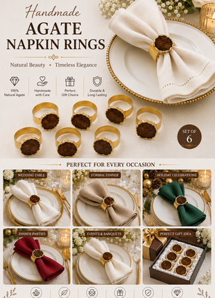 Agate Napkin Rings, Gold Agate Slice Napkin Ring, Wedding Decor, Formal Dining, Natural Warm Agate Tones, Dinner Party Decor, Set of 6 Piece