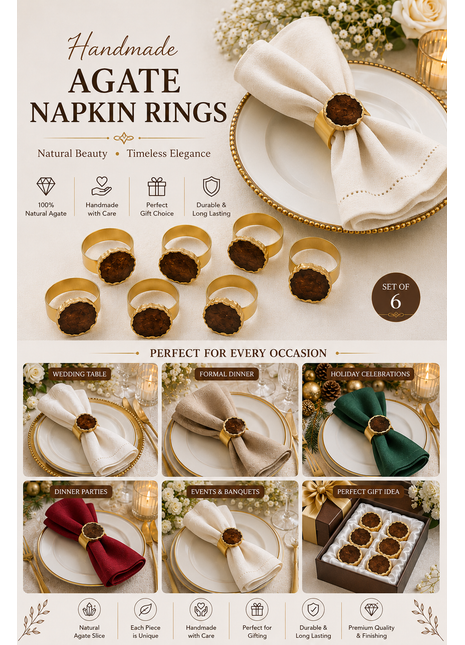 Agate Napkin Rings, Gold Agate Slice Napkin Ring, Wedding Decor, Formal Dining, Natural Warm Agate Tones, Dinner Party Decor, Set of 6 Piece