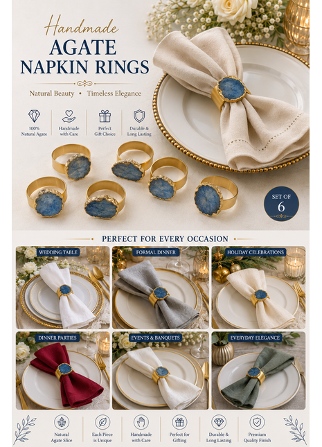 Agate Napkin Rings, Gold Agate Slice Napkin Ring, Wedding Decor, Formal Dining, Natural Warm Agate Tones, Dinner Party Decor, Set of 6 Piece