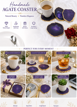 Gold Plated Agate Coaster, Choose Color, Silver Plated Agate Coaster Set of 4 Pieces, Tableware, Rock Coaster, Agate Slice, Glass Coasters