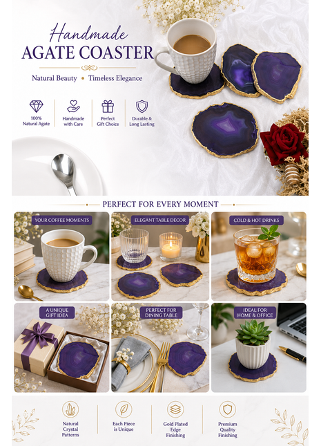 Gold Plated Agate Coaster, Choose Color, Silver Plated Agate Coaster Set of 4 Pieces, Tableware, Rock Coaster, Agate Slice, Glass Coasters