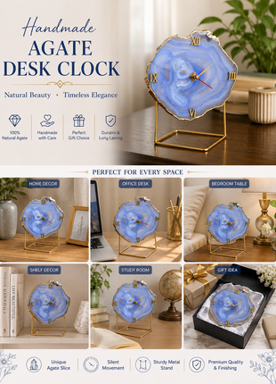 Natural Handmade Agate Stone Desk Clock with Metal Stand, Office Decor, Home Office Clock,Boho Decor,Rock Enthusiast Gift,Geologist Gift