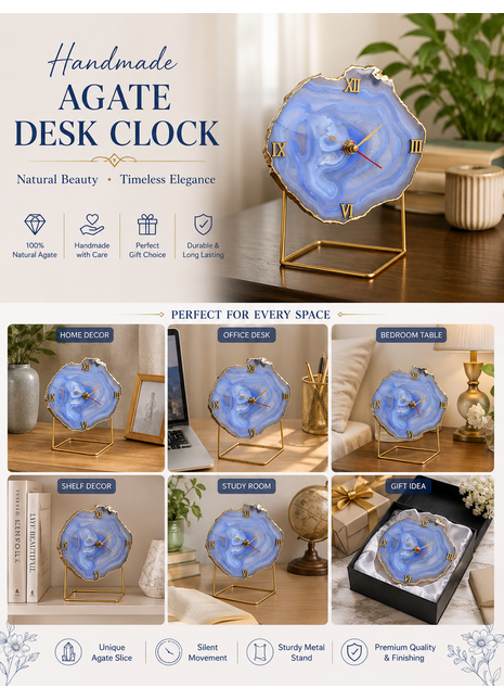 Natural Handmade Agate Stone Desk Clock with Metal Stand, Office Decor, Home Office Clock,Boho Decor,Rock Enthusiast Gift,Geologist Gift
