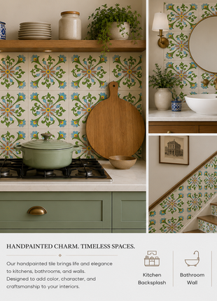 Turquoise,Yellow and Red Flowers and Green leaf with White Base Tile