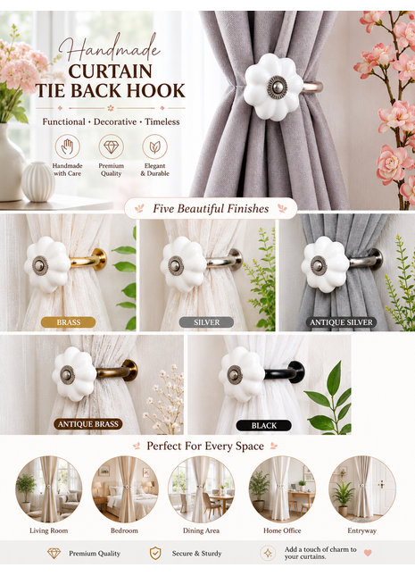 Curtain Tie Backs Hook Decorative Wall Hook-White (Set of Two)
