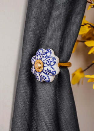 Blue Design On White Base Ceramic Knob, Curtain Tie & Pull Bundle
