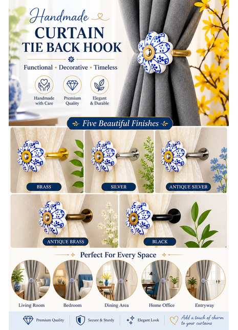 Curtain Tie Backs Hook Decorative Wall Hook- Blue (Set of Two)