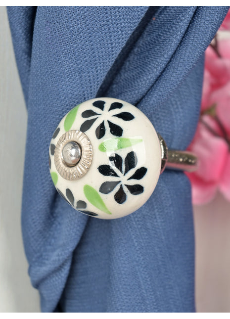 Curtain Tie Backs Hook Decorative Wall Hook- Black Flower (Set of Two)