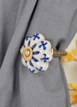 Blue Flower Design on White Base – Ceramic Knob, Curtain Tie & Pull Bundle