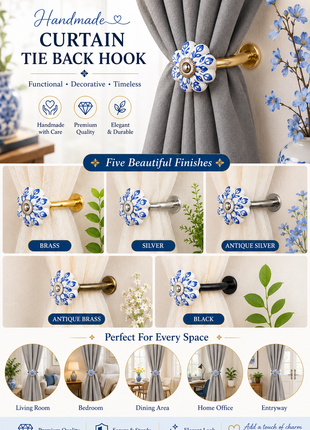 Curtain Tie Backs Hook Decorative Wall Hook- Blue Design (Set of Two)