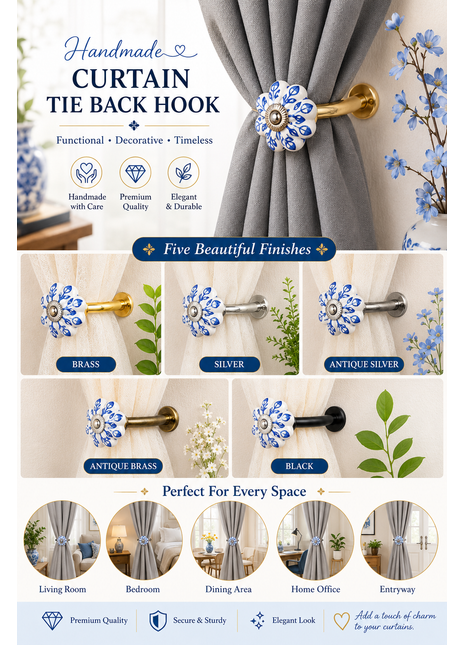 Curtain Tie Backs Hook Decorative Wall Hook- Blue Design (Set of Two)