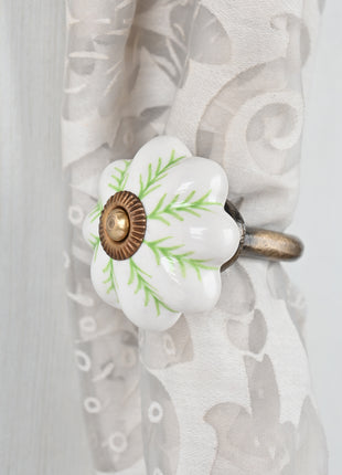 Green design on White Base Drawer Cabinet Knob & Curtain Tie Bundle