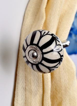 Black  Design On White Ceramic Drawer Cabinet Knob & Curtain Tie Bundle