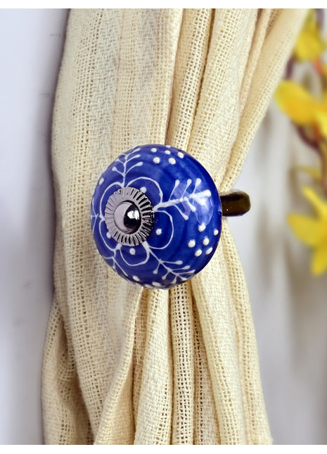 Curtain Tie Backs Hook Decorative Wall Hook-Blue Emmbosed Design (Set of Two)