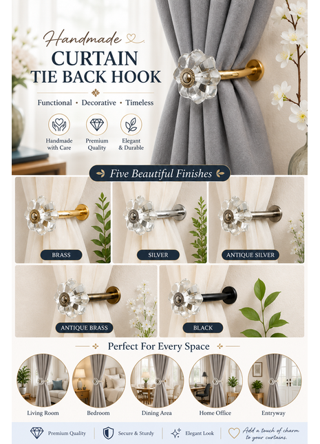 Curtain Tie Backs Hook Decorative Wall Hook- Clear Glass (Set of Two)