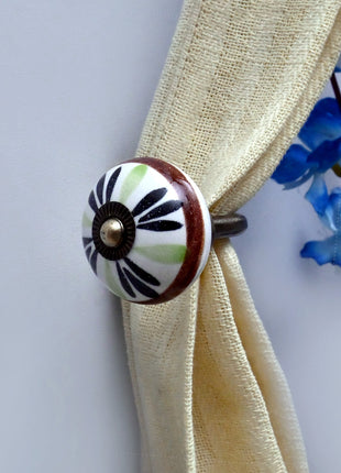 Curtain Tie Backs Hook Decorative Wall Hook- Green,Black Flower Design (Set of Two)