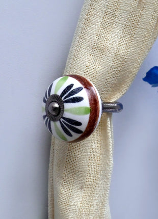 Curtain Tie Backs Hook Decorative Wall Hook- Green,Black Flower Design (Set of Two)