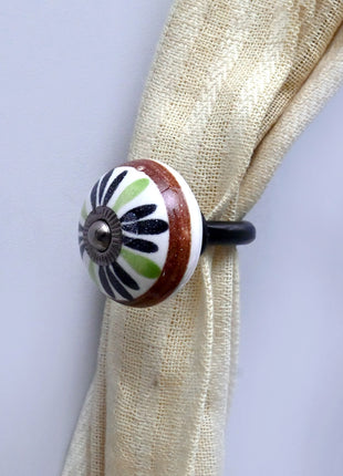 Curtain Tie Backs Hook Decorative Wall Hook- Green,Black Flower Design (Set of Two)