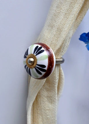 Curtain Tie Backs Hook Decorative Wall Hook- Green,Black Flower Design (Set of Two)