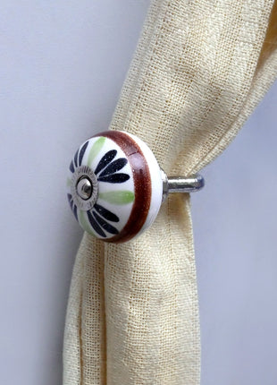 Curtain Tie Backs Hook Decorative Wall Hook- Green,Black Flower Design (Set of Two)