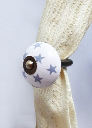 Curtain Tie Backs Hook Decorative Wall Hook- Gray Star on White Base (Set of Two)