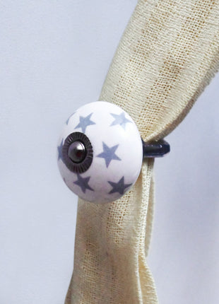 Curtain Tie Backs Hook Decorative Wall Hook- Gray Star on White Base (Set of Two)