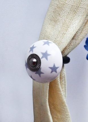 Curtain Tie Backs Hook Decorative Wall Hook- Gray Star on White Base (Set of Two)