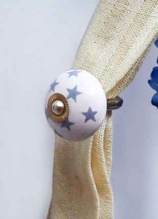 Curtain Tie Backs Hook Decorative Wall Hook- Gray Star on White Base (Set of Two)
