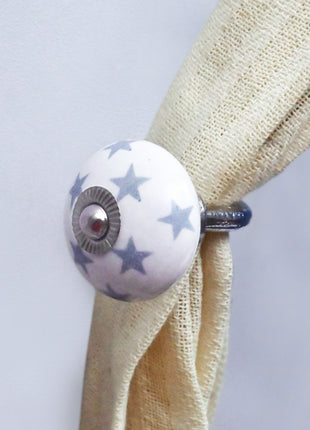 Curtain Tie Backs Hook Decorative Wall Hook- Gray Star on White Base (Set of Two)