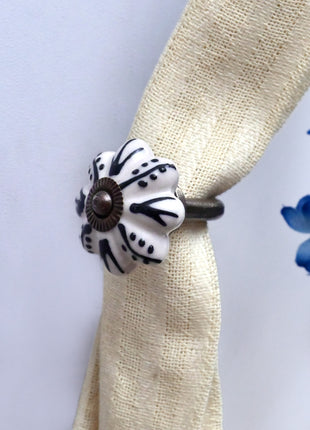 Curtain Tie Backs Hook Decorative Wall Hook- Black Design on Off White (Set of Two)