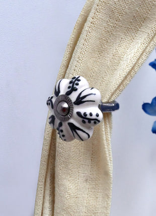 Curtain Tie Backs Hook Decorative Wall Hook- Black Design on Off White (Set of Two)