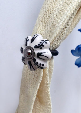 Curtain Tie Backs Hook Decorative Wall Hook- Black Design on Off White (Set of Two)