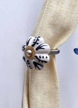 Curtain Tie Backs Hook Decorative Wall Hook- Black Design on Off White (Set of Two)