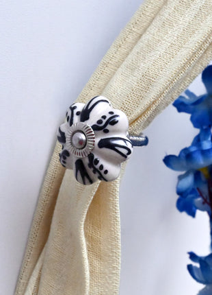 Curtain Tie Backs Hook Decorative Wall Hook- Black Design on Off White (Set of Two)