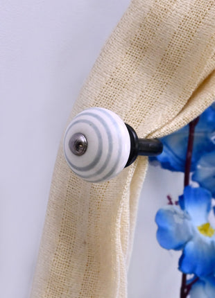 Curtain Tie Backs Hook Decorative Wall Hook- Gray Round on White (Set of Two)