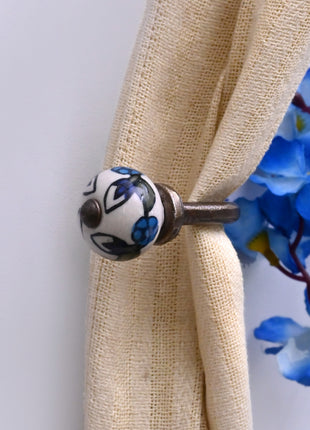 Curtain Tie Backs Hook Decorative Wall Hook- Blue Leaf on White (Set of Two)