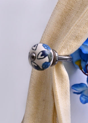 Curtain Tie Backs Hook Decorative Wall Hook- Blue Leaf on White (Set of Two)